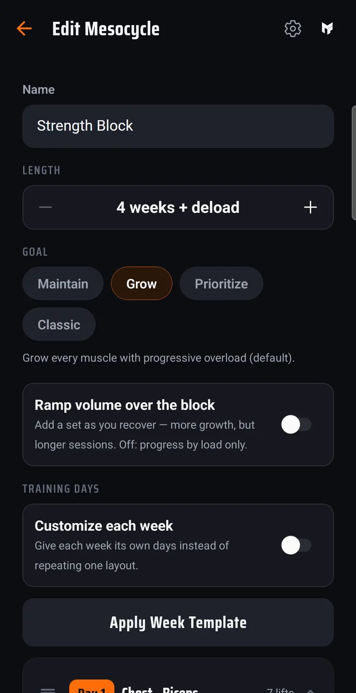 The block editor: a name, a length stepper reading 4 weeks plus deload, goal chips with Grow selected, and collapsible training days.