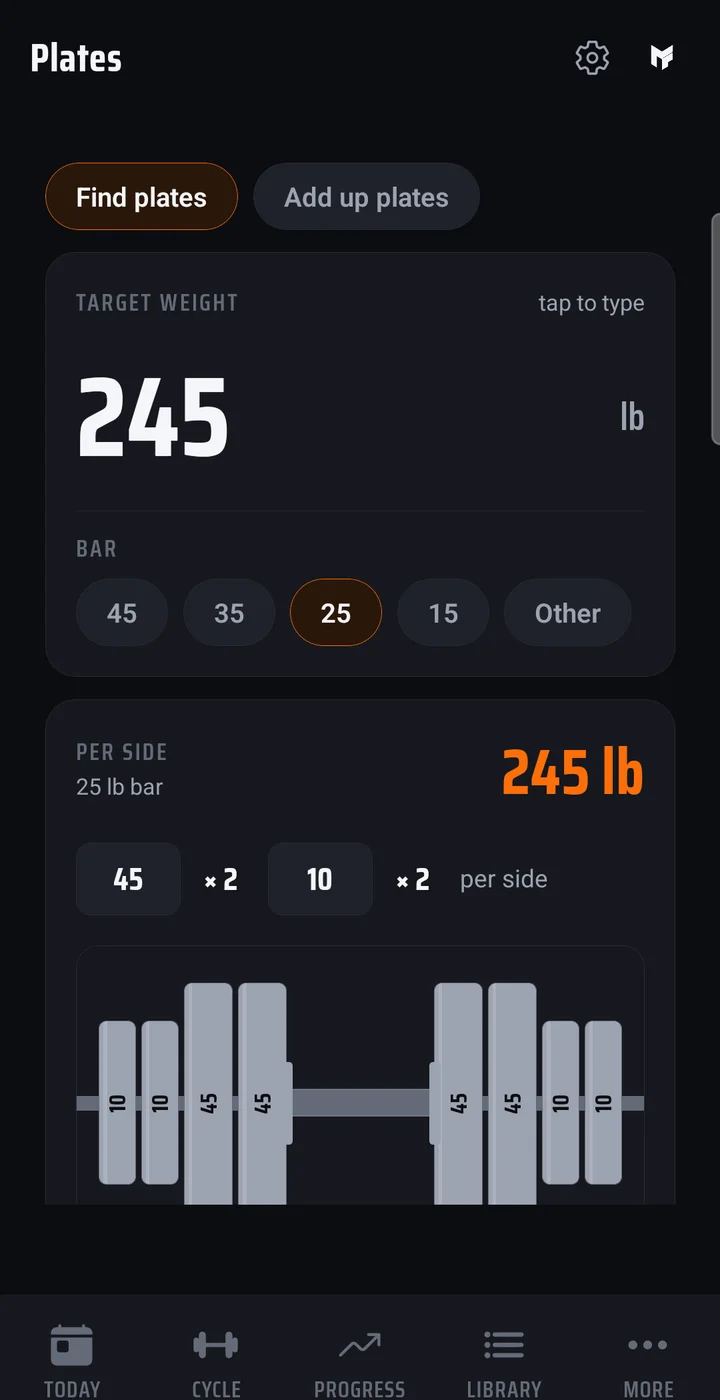 The plate calculator: a target weight of 245 pounds, a 25 pound bar selected, and the plates to load on each side, 45 twice and 10 twice, drawn on a barbell.